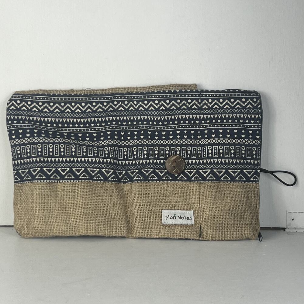 Mori Notes Pencil Holder Navy Blue Ethnic Printed Canvas Jute Zipper Compartmets